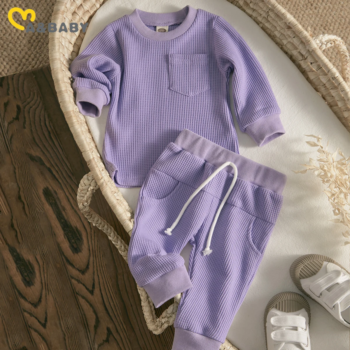 

Женский однотонный комплект одежды Ma & Baby, Топ с длинным рукавом и карманами, штаны, на возраст 0-24 месяца, осень-весна