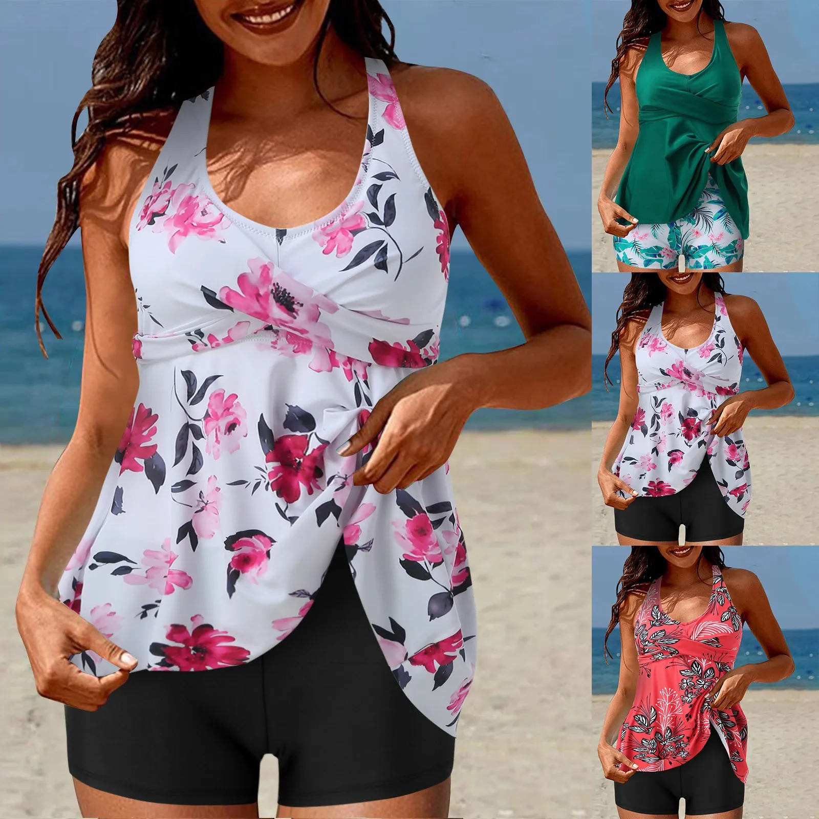 

Two Piece Tankini Swimsuits For Women With Shorts V Neck Bathing Suits Flowy Front Swimwear