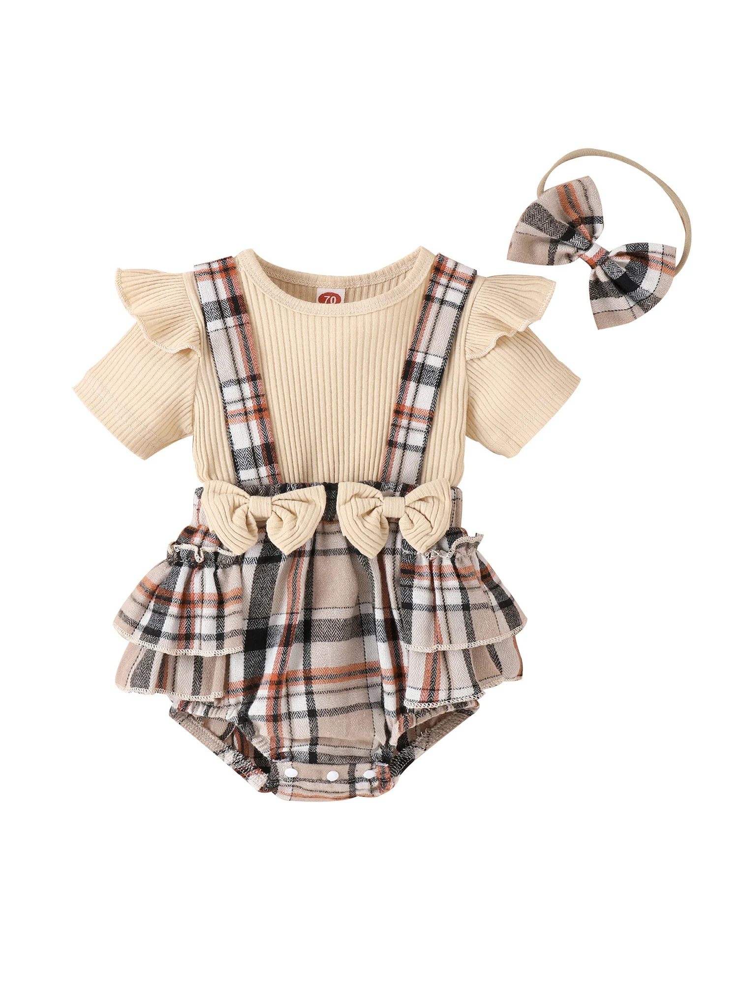 

Летний комбинезон для новорожденных девочек, комбинезон с коротким рукавом, круглым вырезом, клетчатым узором, оборками, повседневный боди, повязка на голову с бантом