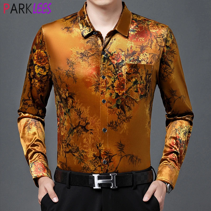 

Luxury Gold Floral Velvet Mens Dress Shirts Long Sleeve Slim Fit Velour Shirt for Men Casual Button Down Party Social Shirt Male