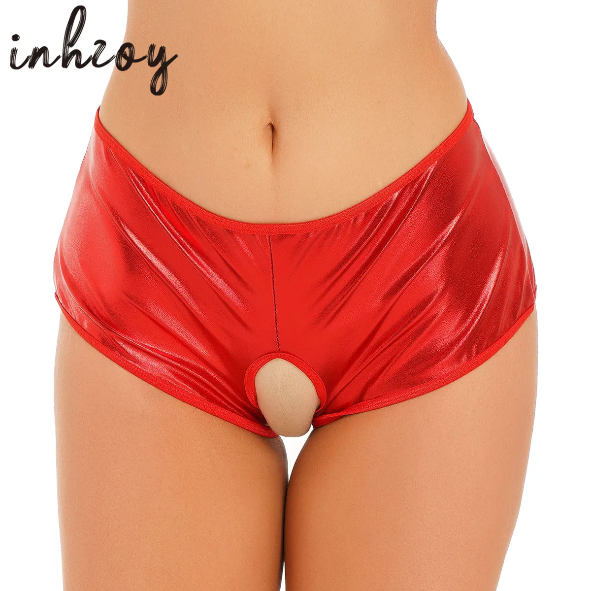 

Sexy​ Open Crotch Booty Shorts Womens Crotchless Metallic Wetlook Boxer Shorts Open Butt Panties Hot Pants Underwear Clubwear