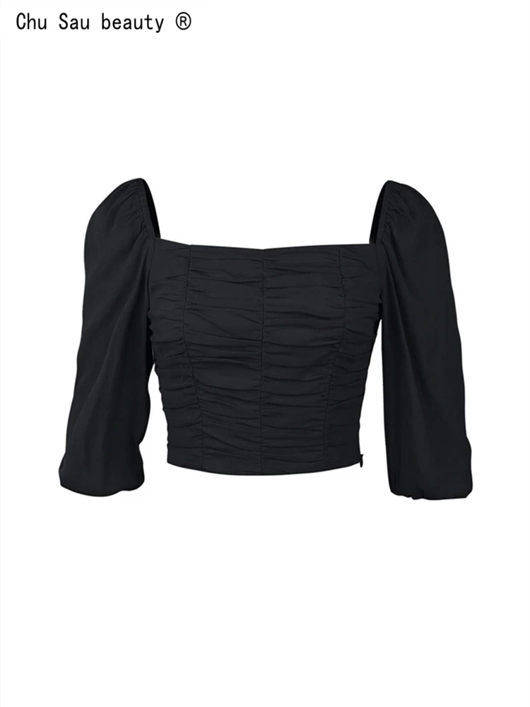 

Женская винтажная блузка со складками, элегантная однотонная блузка с квадратным воротником во французском стиле, лето 2022