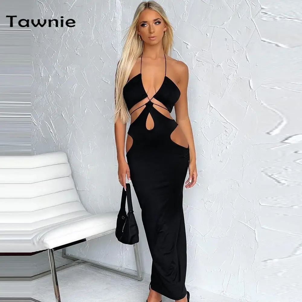 

Tawnie 2022 Summer Halter Cut Out Bandage Maxi Dress for Women Sexy Elegant Sleeveless Backless Beach Dresses Bodycon Party Club