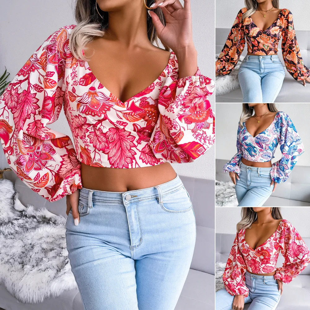 V-neck lantern long sleeve Floral Chiffon shirt holiday style exposed navel top women's wear