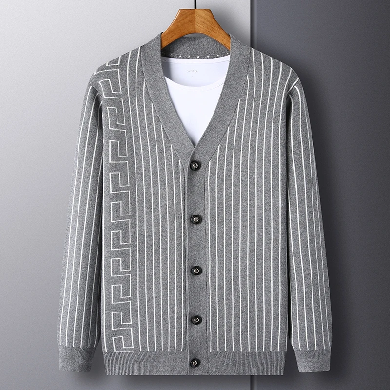 Мужской Жаккардовый свитер в полоску повседневный вязаный кардиган с длинными