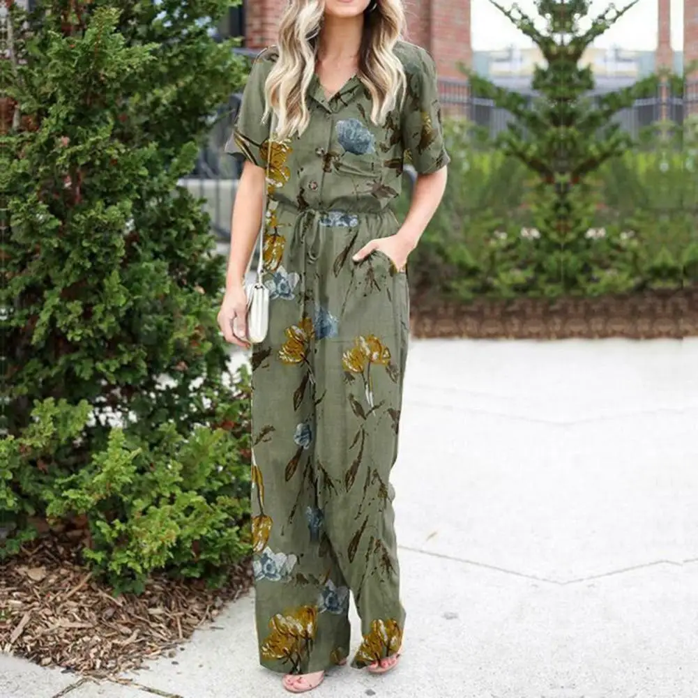 

Women Romper Drawstring Colorful Flower Print Turn-down Collar Short Sleeves Lady Jumpsuit Female Clothes