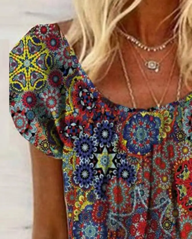 

New Fashion Top Women 2023 Casual Summer Short Sleeve Tee Vintage Tribal Print Vacation Female Clothing T-Shirts Pullover Tops