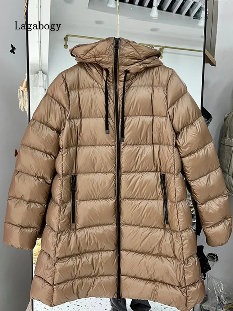 

Lagabogy 2022 Winter Women Hooded Waterproof Jacket 90% White Duck Down Female Overcoat Ultra Light Long Sleeve Warm Puffer Coat