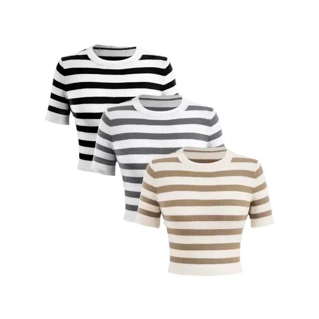 Укороченный вязаный топ с круглым вырезом и короткими рукавами комплект из трех