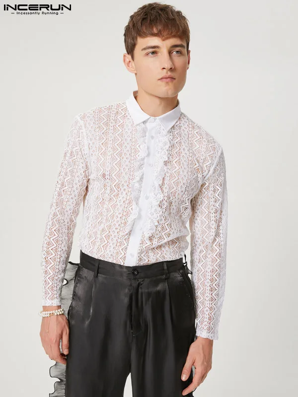 Party Nightclub Men's Ruffled Hollow Lace Blouse Stylish Male See-through Lapel Long-sleeved Thin Shirts S-5XL INCERUN Tops 2022