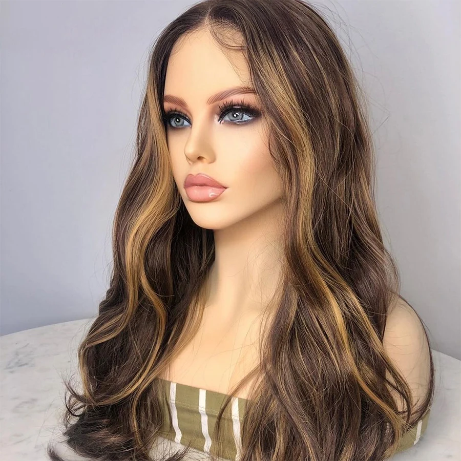 

26“Long Soft Highlight Ombre Honey Blonde Wave PrePlucked Glueless European Human Hair 13*4 Lace Front Wig For Black Women Daily