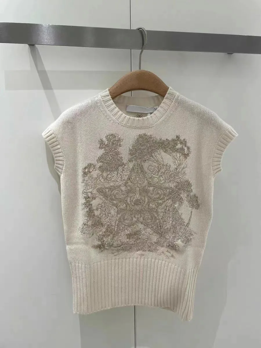 

Fashion Women's Spring Ethnic Style Sweater Embroidery O-Neck None Sleeves Knitted Sweater Fashion Casual Pretty Sweater