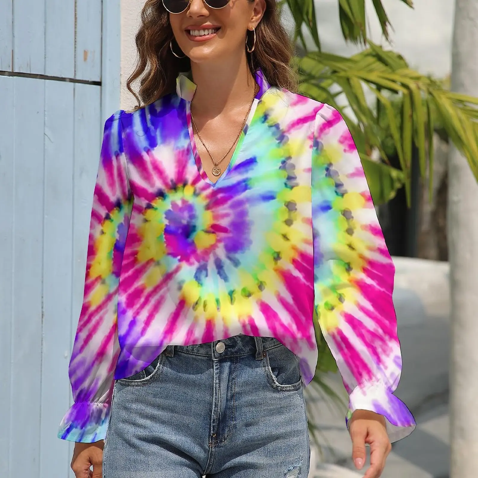 

Шифоновая Блузка с эффектом омбре, изящная Радужная блузка с V-образным вырезом и принтом, Весенняя уличная стильная рубашка с принтом