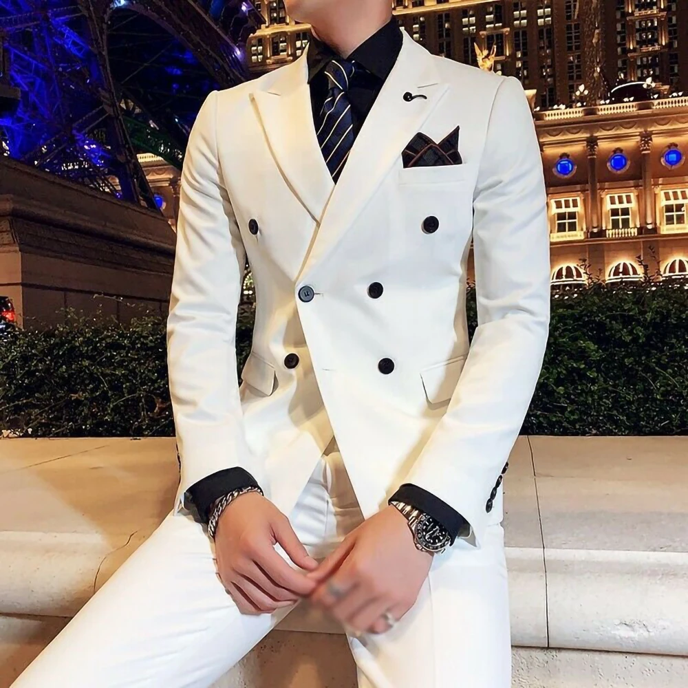 

Men Suits 2 Piece White Formal Fashion Double Breasted Slim Fit Party Wear Wedding Groom Party Business And Leisure Blazer Sets