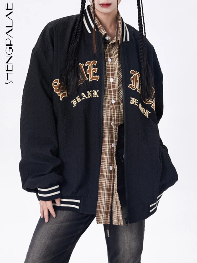 

SHENGPALAE Letter Printed Women Jacket Fashion Stand Collar Patchwork Full Sleeve Zipper Baseball Uniform Autumn 2023 New 5R4634