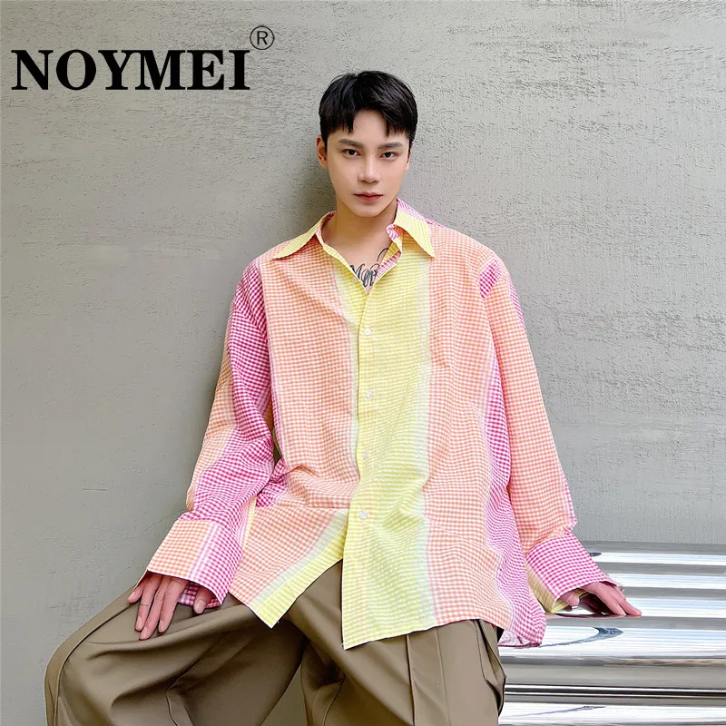

Летняя Корейская Повседневная Радужная рубашка NOYMEI с длинным рукавом мужской трендовый солнцезащитный Топ однобортный отложной воротник ...