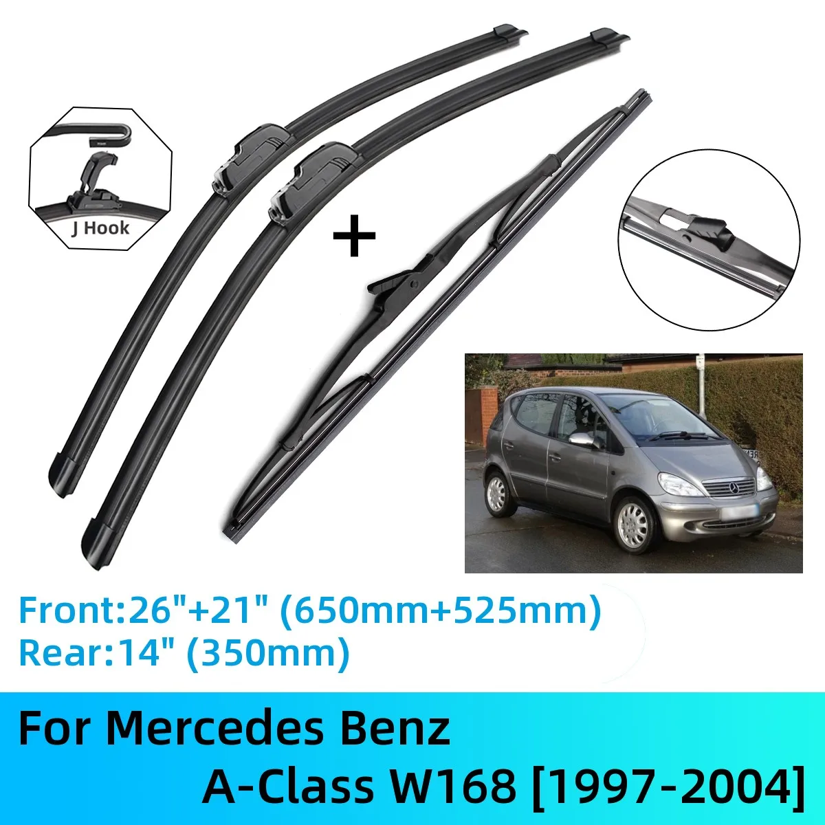 

For Mercedes Benz A-Class W168 Front Rear Wiper Blades Brushes Cutter Accessories J U Hook 1997-2004 1997 1998 1999 2000 2001