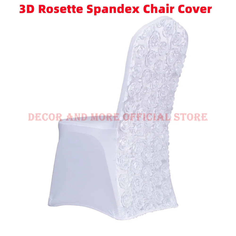 

50PCS Decor Polyester Stretch Spandex Chair Covers White 3D Rosette Universal Hotel Wedding Chair Cover Thick Fabrics in stock