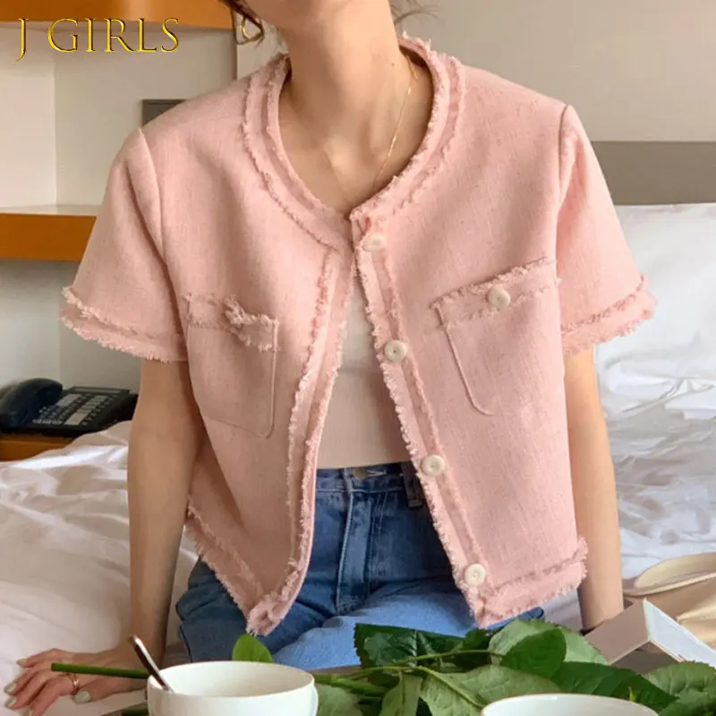 

J GIRLS Summer Sweet Women Jacket 2022 New Round Neck Single Breasted Tassel Tweed Top Female Double Pocket Cropped Top Trend