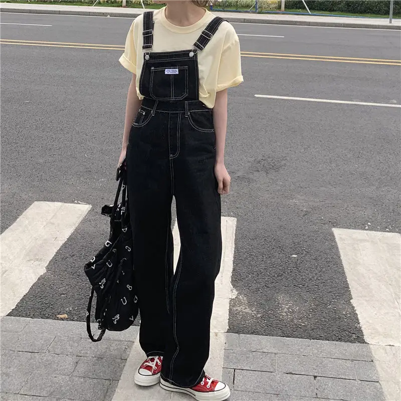 Корейский модный комбинезон-джинсы Denim Overalls, черные, свободного покроя, широкие брюки с карманами для женщин, повседневные брюки Streetwear.