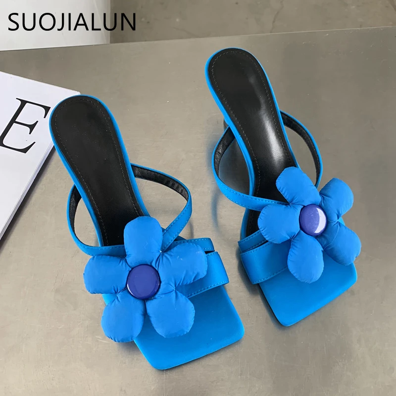 

SUOJIALUN 2022 Summer Fshion Big Flower Women Slipper New Square Toe Thin High Heel Elegant Sandal Outdoor Dress Slides Pumps