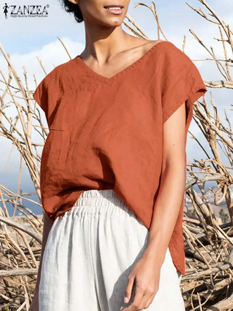 

ZANZEA Vintage Solid Women's Blouse Summer V Neck Short Sleeve Cotton T-Shirt Female Fashion Elegant Casual Holiday Loose Tops
