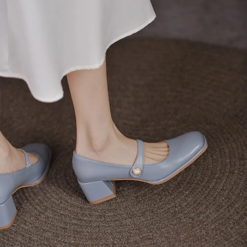 

New French Temperament Ladies High Heels Thick Bottom Shallow Mouth Spring Summer Buckle Shoes Fashion Black Banquet Shoes
