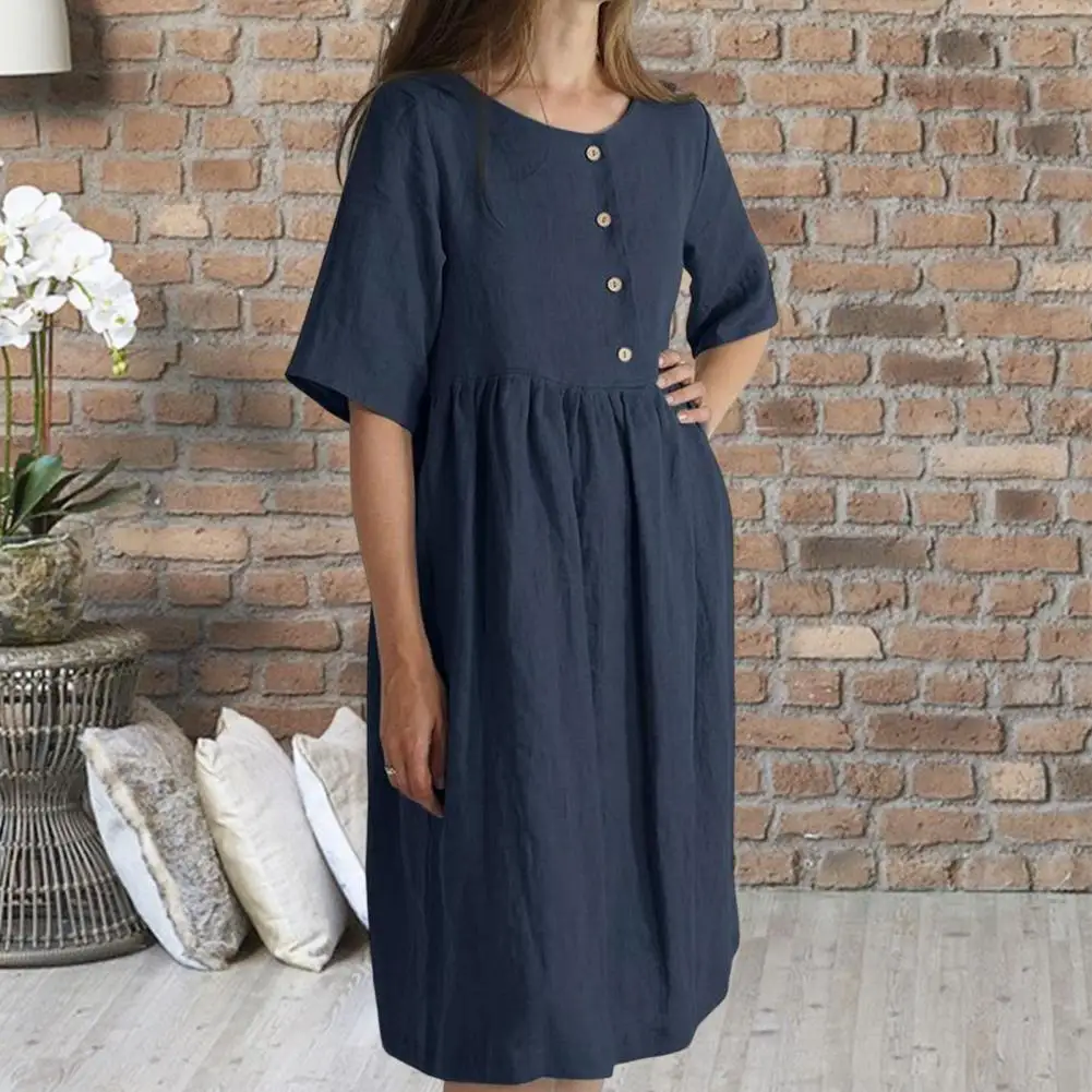 

Women Summer Dress Button Decoration Round Neck Loose Half Single-breasted Daily Wear Knee Length Plus Size A-line Ladies Dress
