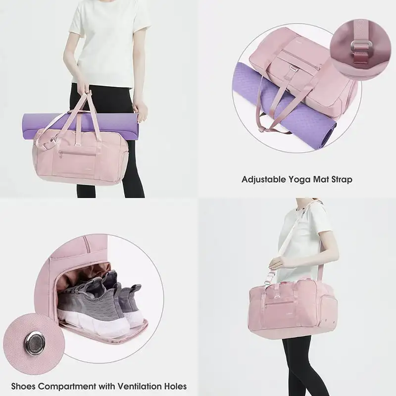 Elegant Chic Pink Sports Gym Bag, Weekender Overnight Shoulder Bags with Shoe Compartment, Travel Duffel Bag, Wet Pocket Yoga To