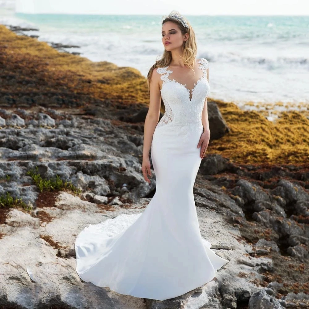 

LUOJO Beach Wedding Dresses Mermaid O-Neck Lace Appliques Wedding Gown Boho Bride Dress estilo sirena Vestidos De Novia