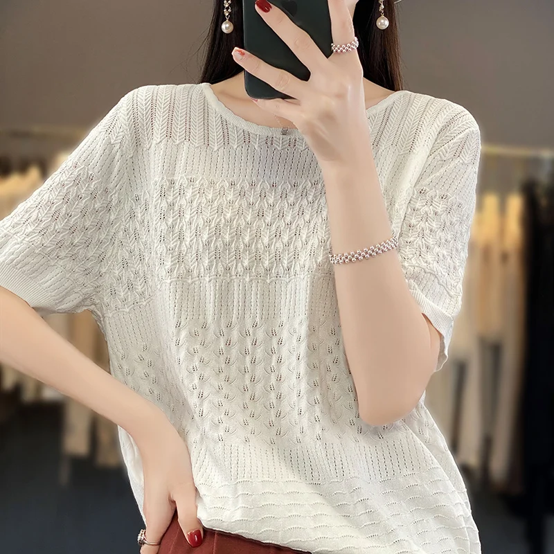 

2023 Summer New Qu Zhu Ice Silk Hollow Out Knit Shirt Women's Half Sleeve Loose Thin Low Round Neck Solid Color Trendy Top