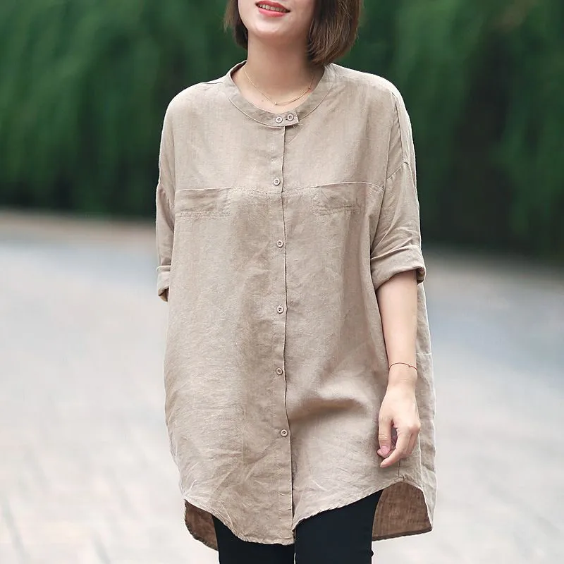 

2023 Spring Summer New Arts Style Women 3/4 Sleeve Loose Mid-length Shirts All-matched Casual Cotton Linen Blouse Tops C850