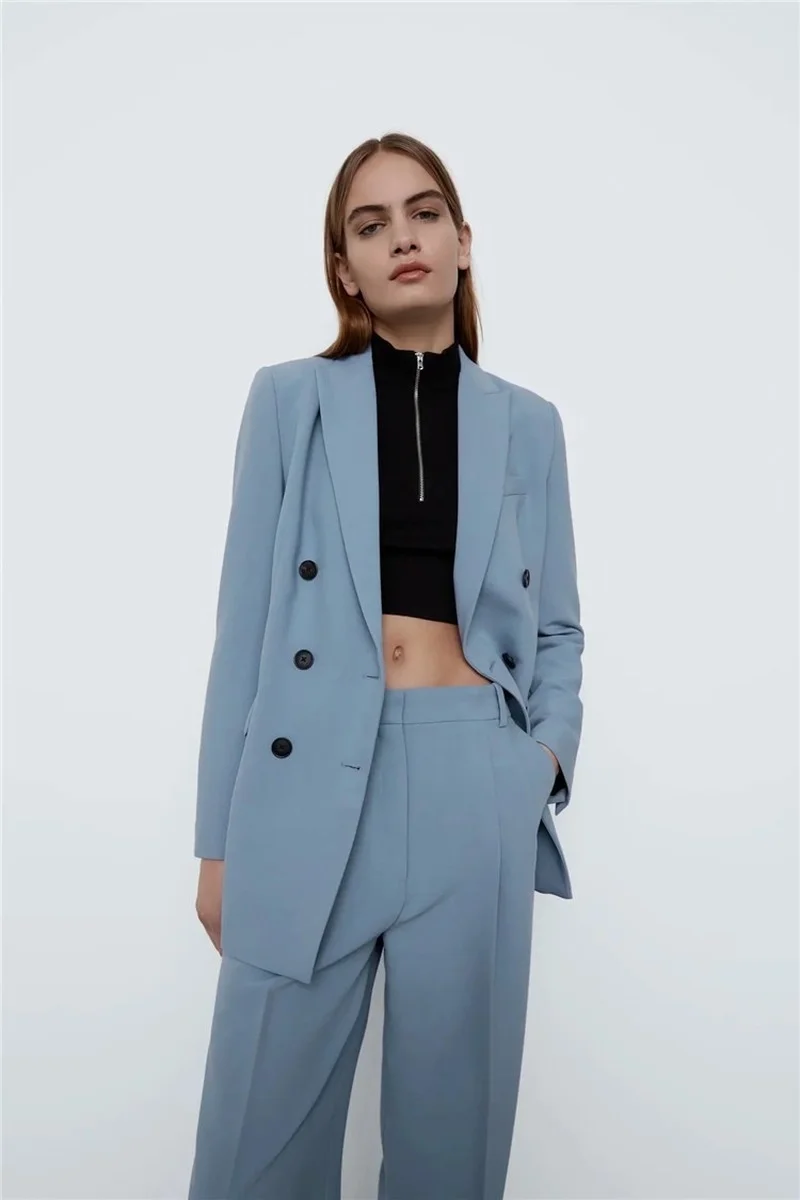 

Solid Colors Double Breasted Casual Commute Blazer + High Waist Straight Pants Suit Women Simple Office Blazer Two Piece Set New