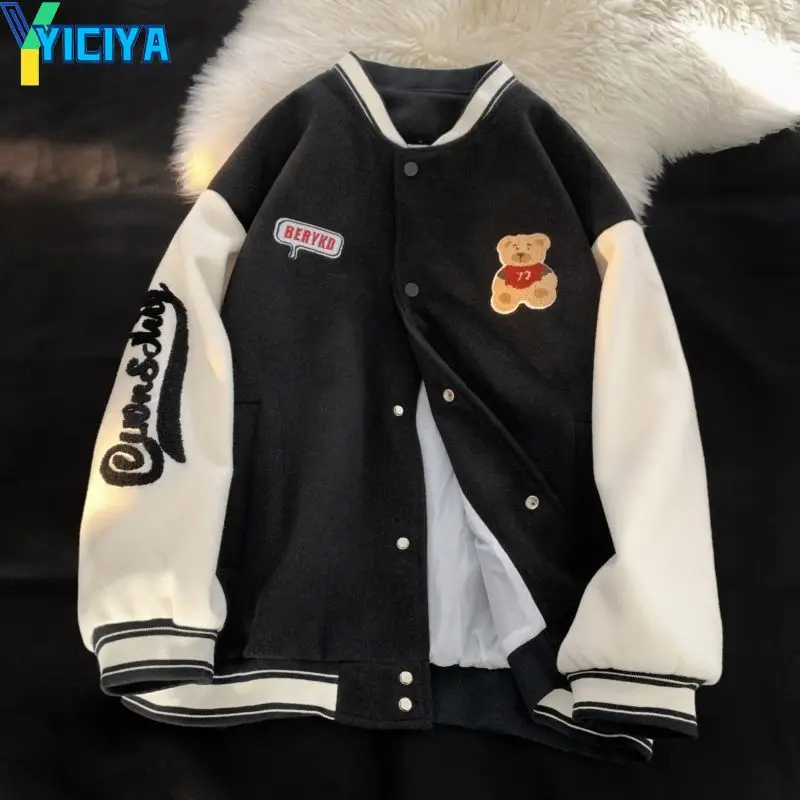 YICIYA Bear Embroidered Baseball Jacket Woman Y2k Spring And Autumn Hip-hop College Jacket Men And Women Casual Jacket Ins Trend