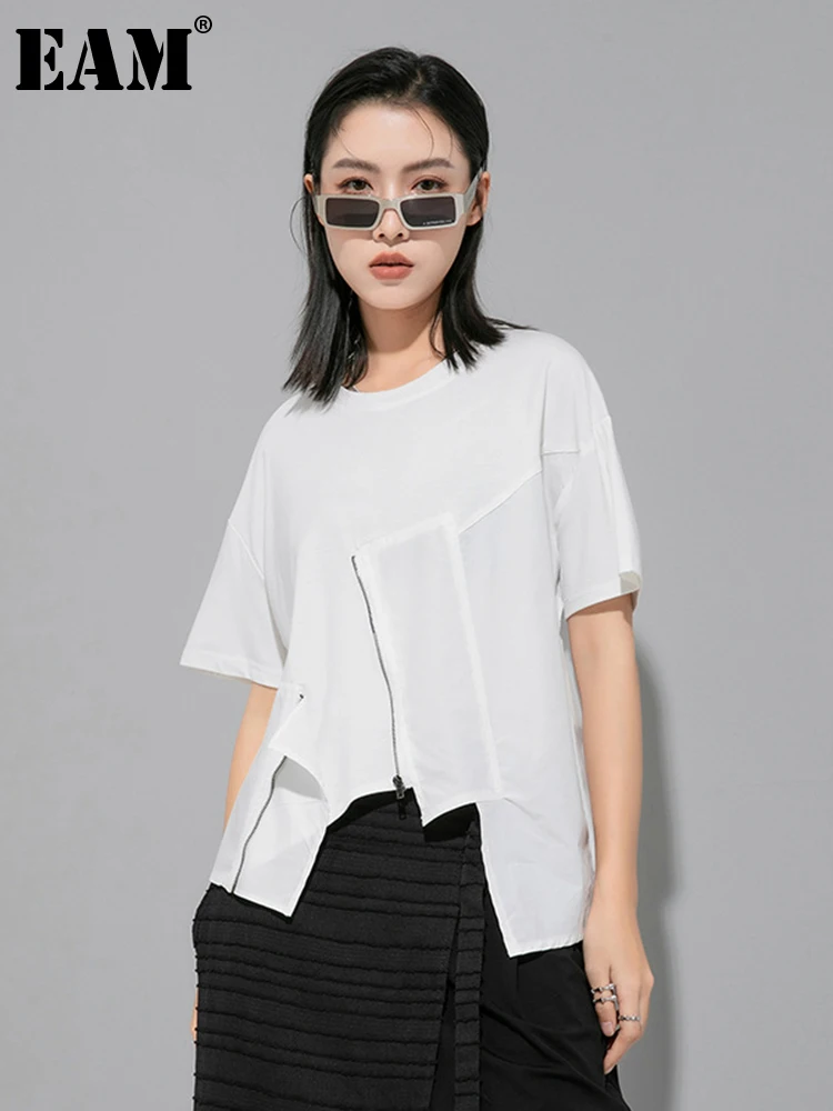 

[EAM] Женская белая Асимметричная Повседневная футболка на молнии большого размера Новая модная футболка с круглым вырезом и коротким рукаво...