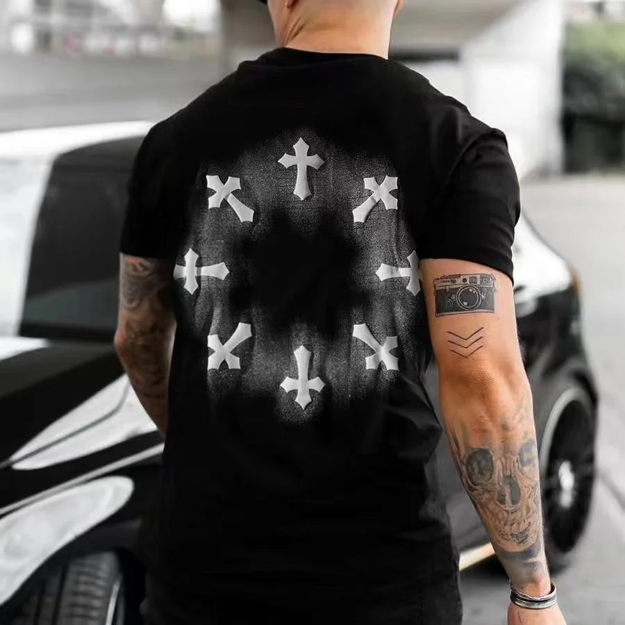 2022 Summer Streetstyle Cross Print Short Sleeve Mens T-shirts Casual Tops Tshirt