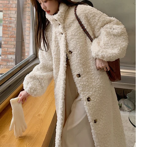 Женское теплое меховое пальто, плотное женское длинное пальто с отложным воротником, бежевые топы для женщин Casaco Feminino