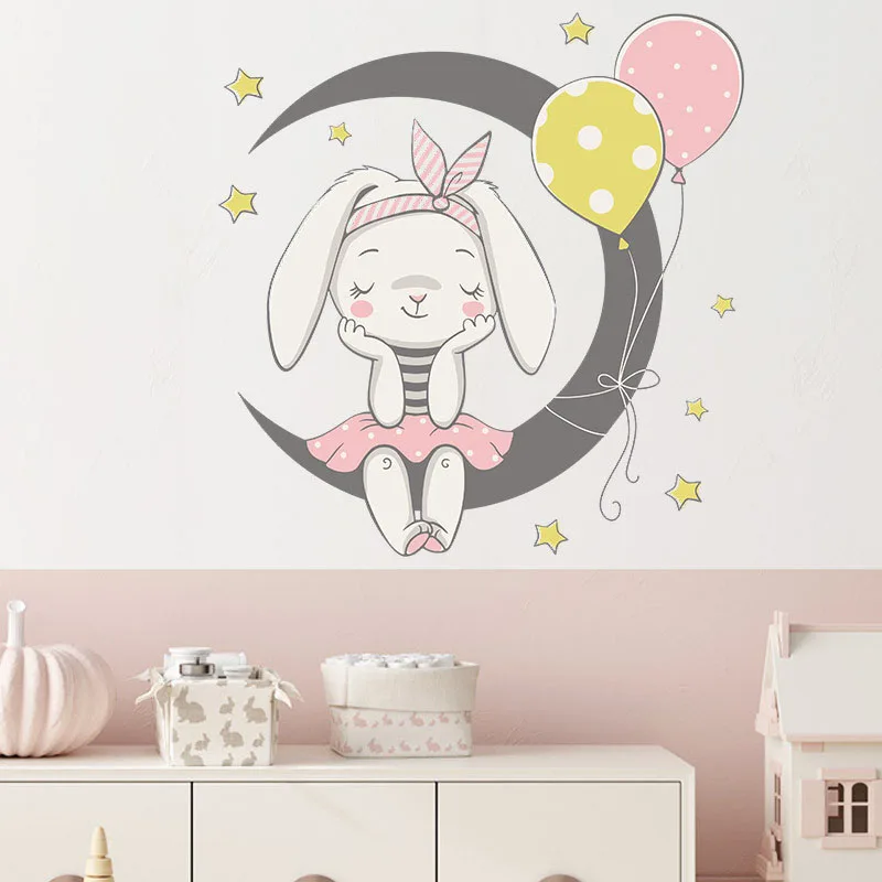 

Cartoon Moon Bunny Wall Stickers Kids Girls Room Home Decor Wallpaper Bedroom Living Room Background Beautify Decoration Sticker