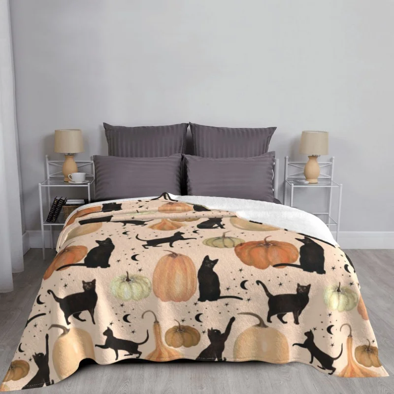 

Happy Hallowee Blanket Fleece Spring Autumn Cat And Pumpkin Ghost Multi-fuion Throw Blanket for Bedding Travel Bedding Throws