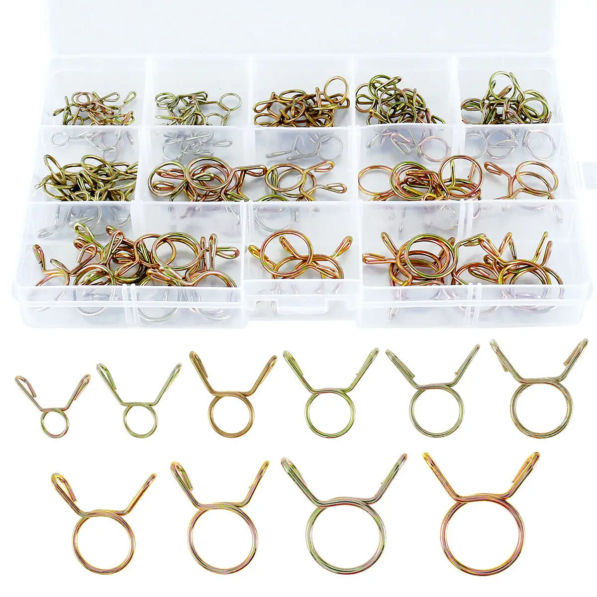 

100pcs Fuel Line Hose 5-14mm Spring Wire Clips Water Pipe Air Tube Stainless Steel Fuel Hose Clamp Kit With Storage Box Hardware