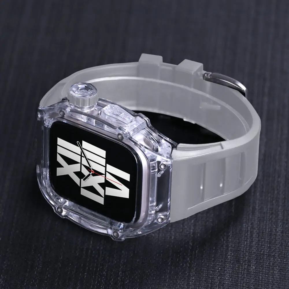 Transparent Bezel Case Silicone Band for Apple Watch 44MM 45MM Rubber Strap for Iwatch Series 8 7 6 5 4 Se Urban Sports Mod KITS