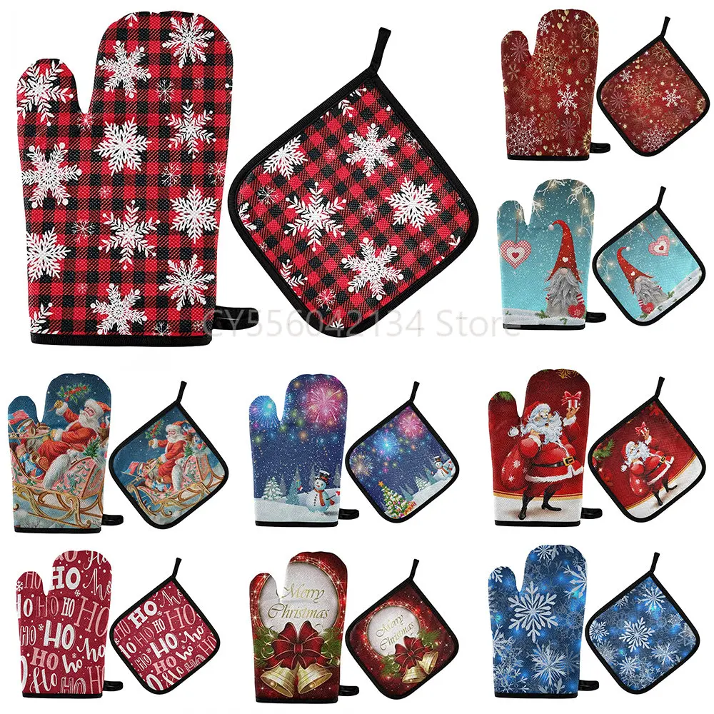 

Зимние рождественские рукавицы для духовки и держатель для кастрюль, красные кухонные термостойкие Нескользящие Прихватки для фотографий