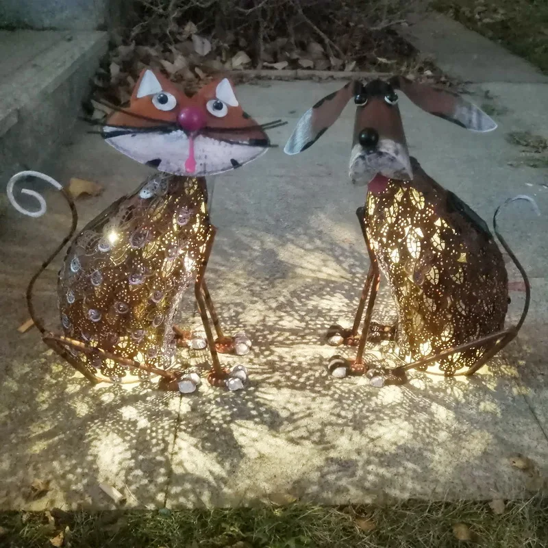 

Solar Lamp Garden Ornaments Outdoor Garden Decoration Crafts Iron Art Painted Animals Cats And Dogs