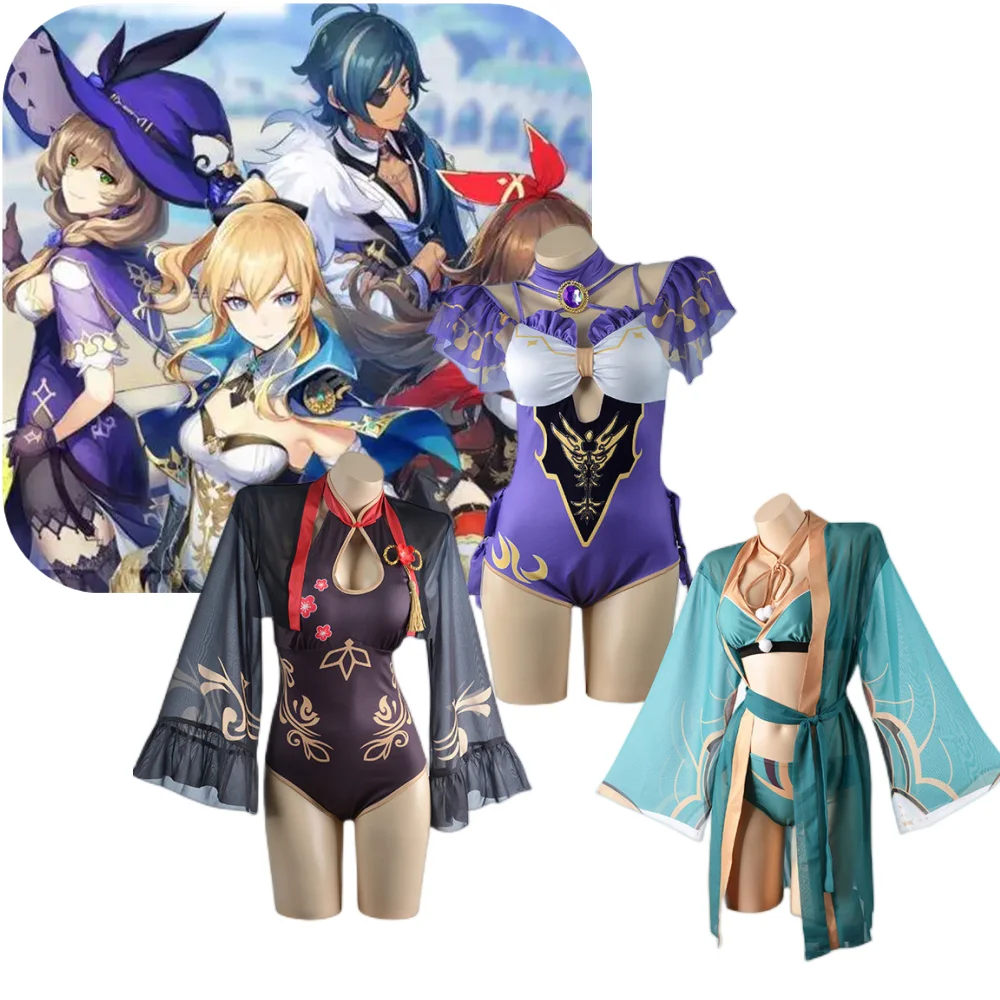 

Anime Summer Genshin Impact Hu Tao Cosplay Costume Swimsuit Lisa Kimono Hina Bikini Beach Set