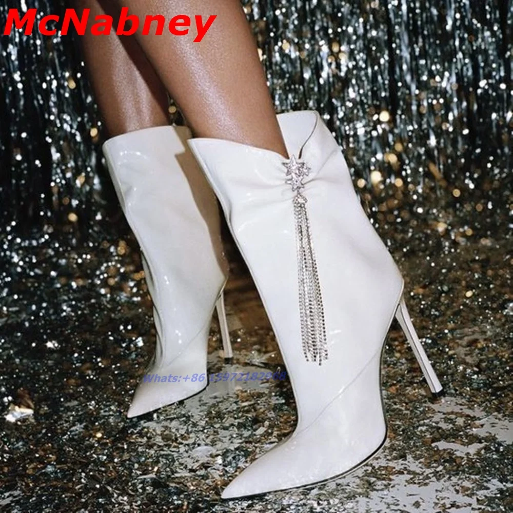 

Solid White Crystal Fringe Boots Pointed Toe Stiletto Heel Ankle Slip On Boots Women Dress Shoes Leather Spring Sexy Handmade