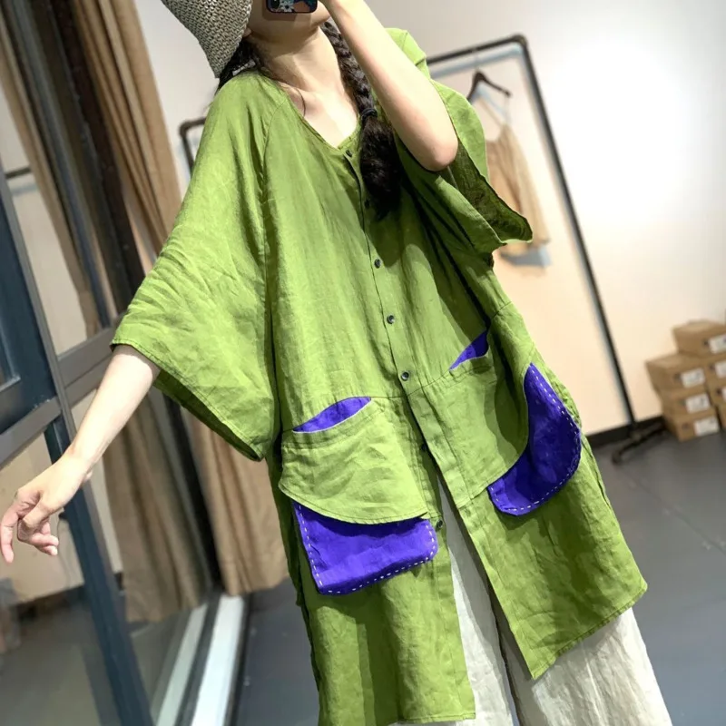 

Patchwork Midi Cotton Linen Shirt Coats Thin Loose Chinese Style Women Vintage Jackets Solid Button Pockets Sun Protection Top