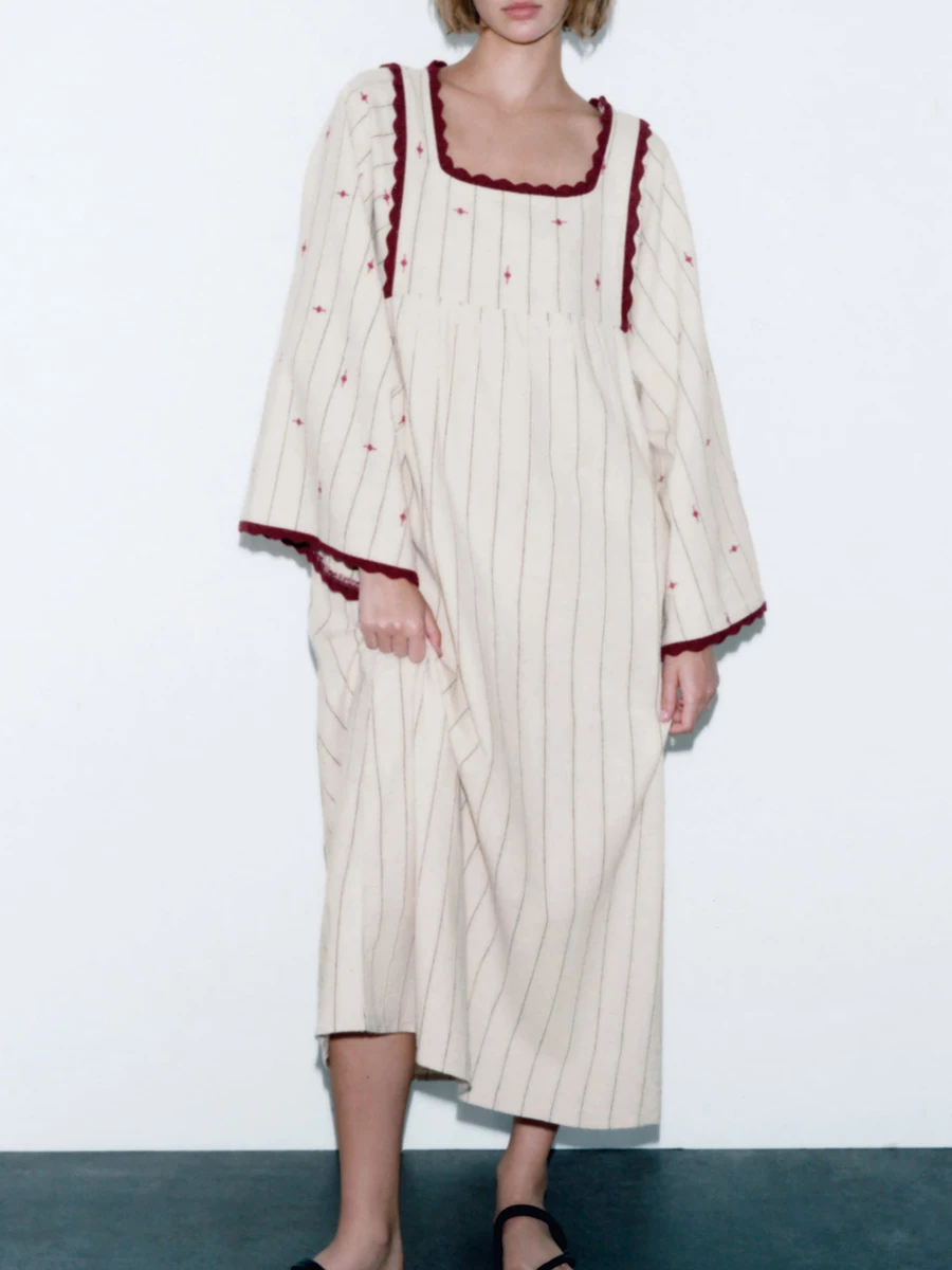 

Striped French Patchwork Shirt Dress Women Autumn 2023 O Neck Long Sleeve Loose Female Vestidos Vintage Office Lady Dresses New