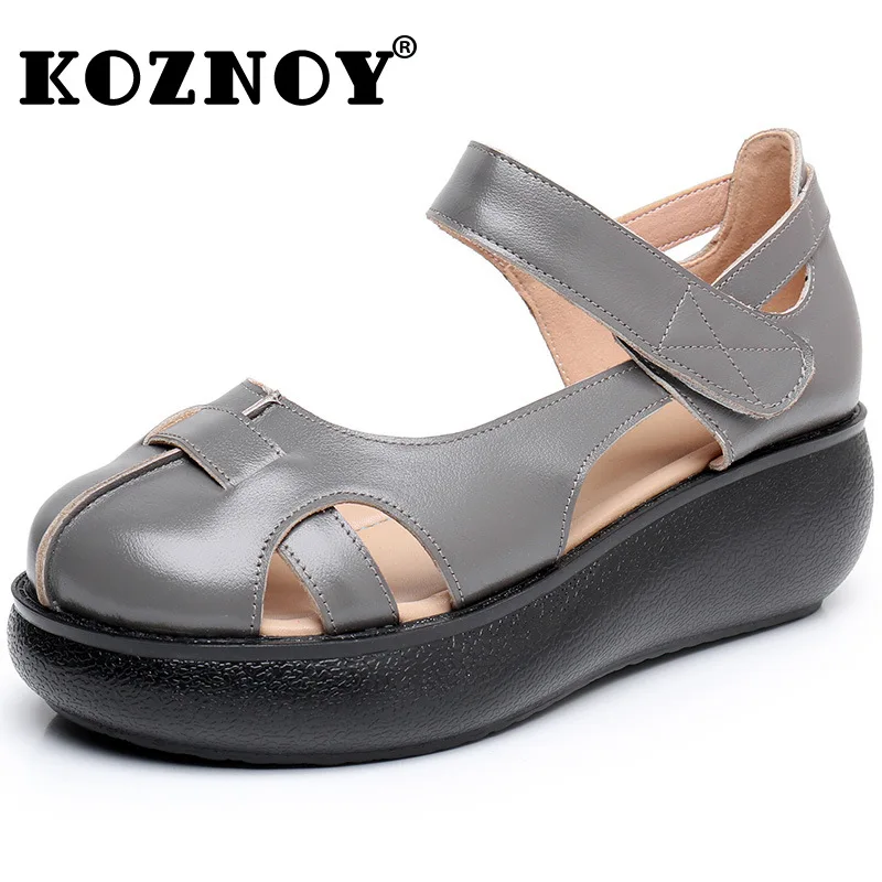 

Koznoy 5cm Women Sandals Summer Big Size Platform Wedge Hollow Weave Natural Genuine Leather Ethnic Hook Moccains Elegance Shoes