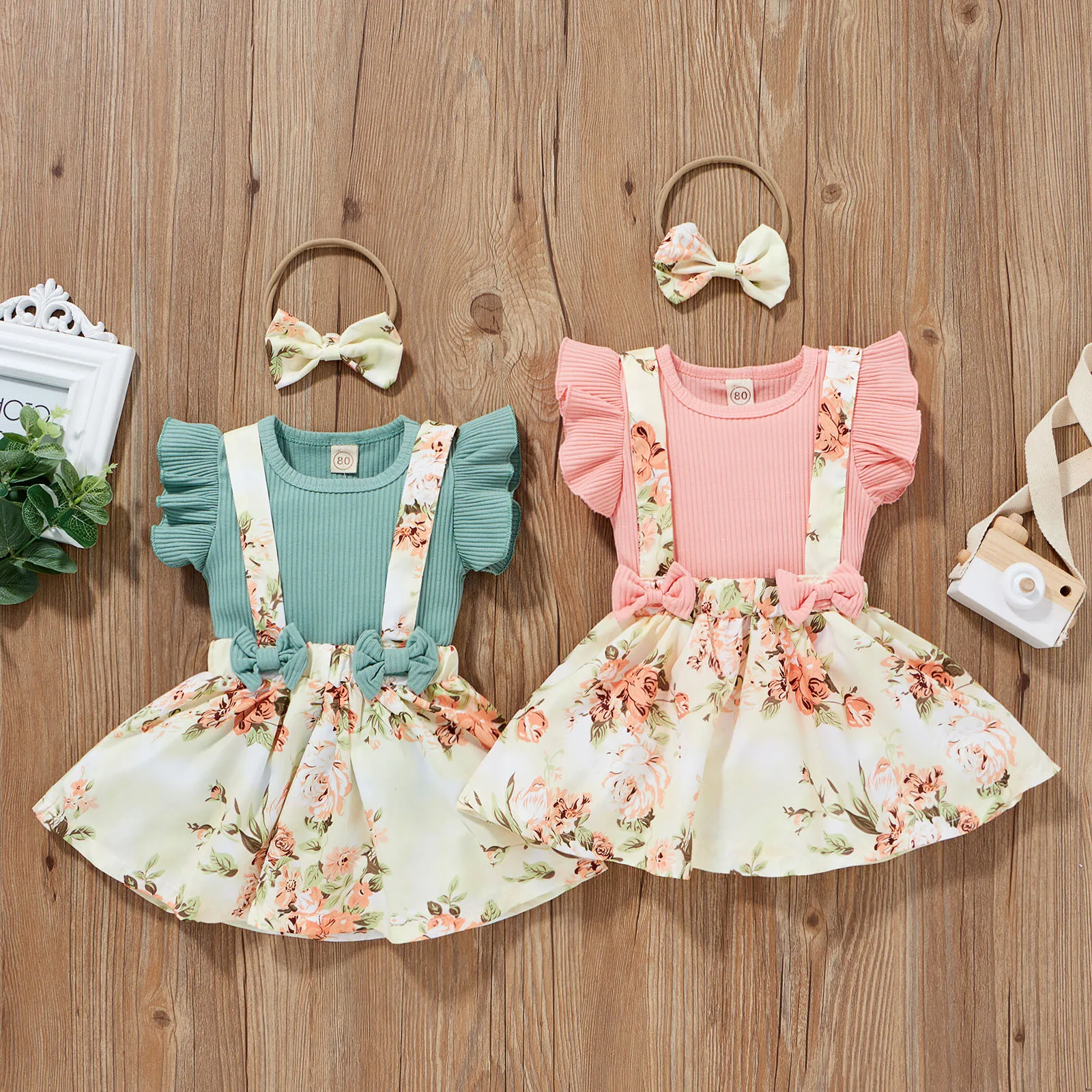 

Toddler Baby Girls Clothes Solid Fly Sleeve Ribbed Tops Floral Printed Suspender Skirts Headband Children Clothing Baby Girl Set