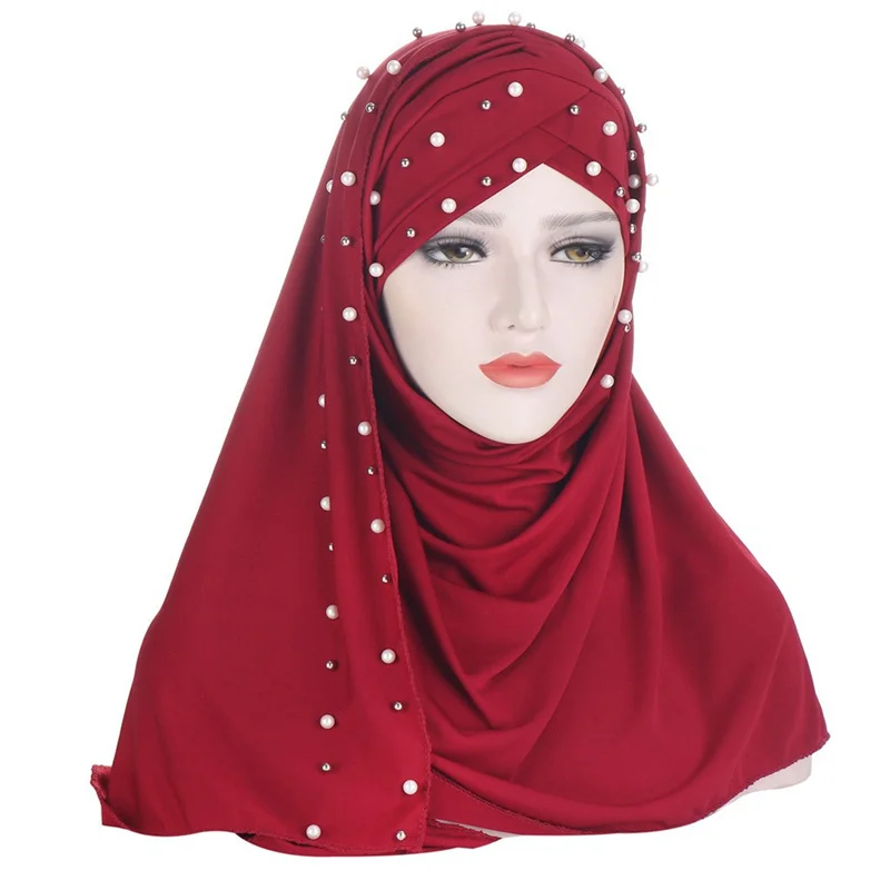

Pearl Beaded Decor Forehead Cross Hijabs Solid Color Muslim Women Headscarf Cap　on The Head Hair Turban Headscarf Cap